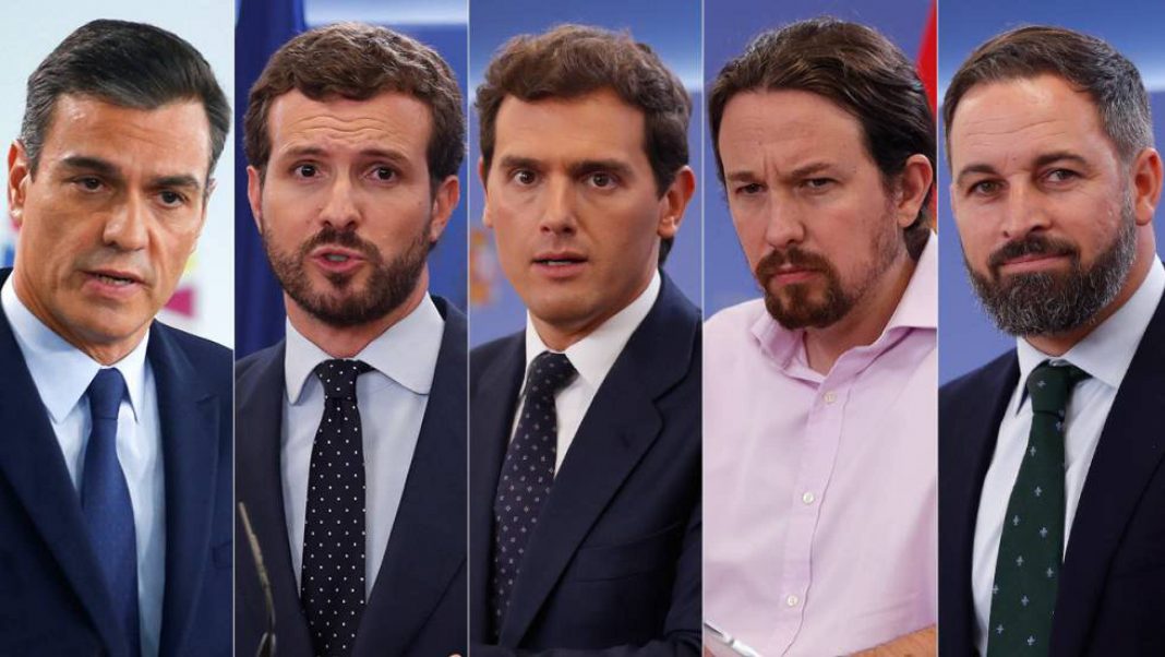 From left to right Pedro Sánchez (PSOE), Pablo Casado (PP), Albert Rivera (Ciudadanos), Pablo Iglesias (UP) and Santiago Abascal (Vox).
