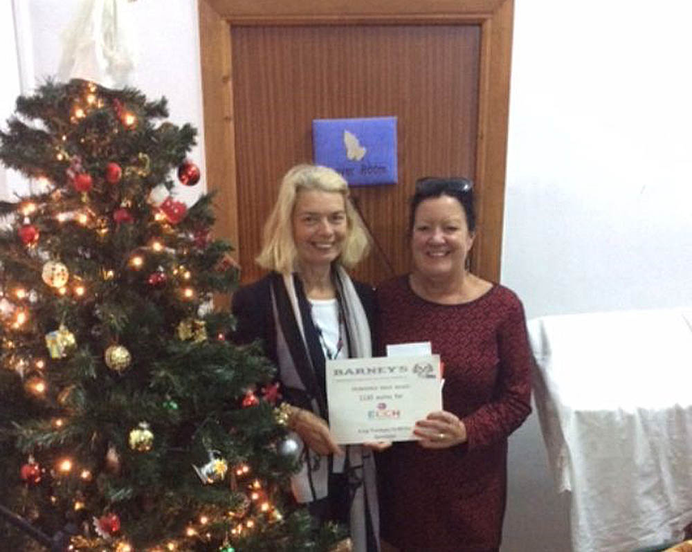 The main photo shows Hilary receiving a thank you certificate from ECCH volunteer Pam Edwards.