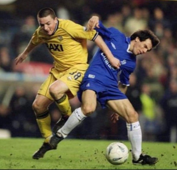 Keano in action for Preston North End against Gianfranco Zola of Chelsea.