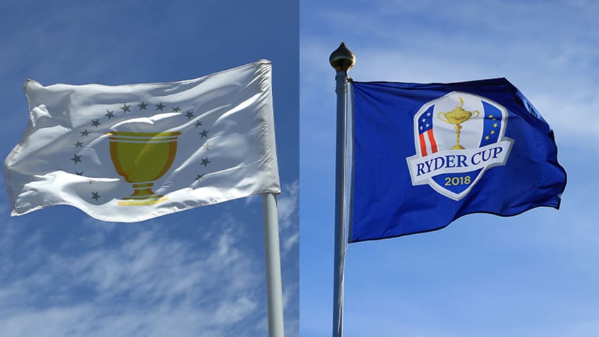 The Presidents Cup and Ryder Cup flags. (Getty Images)