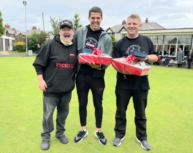 Johnny Vegas with winner of the Lol Pennington Memorial Cup, England star Conor Coady, included in Euro 2020 squad, alongside Jonathan Fenney. Photo: Twitter.