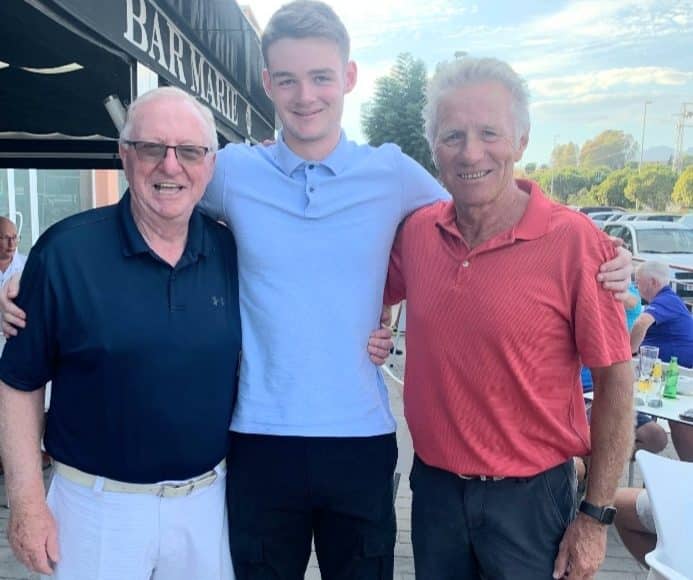 Dennis Taylor, 72, at Mijas Golf Club with son Cameron and three times Olympic Champion runner Eamon Coghlan, 68.