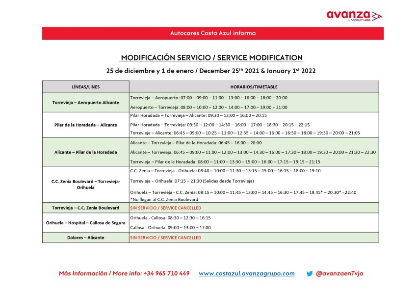 Christmas Changes to the Torrevieja to Alicante-Elche Airport Bus Service