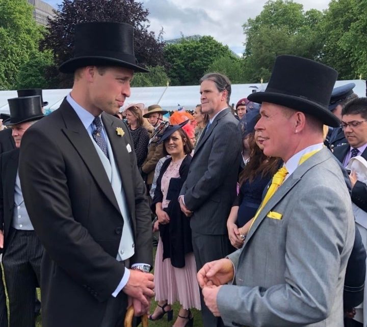 Stevie Spit BEM presented to Prince William at Buckingham Palace Royal Garden Party.