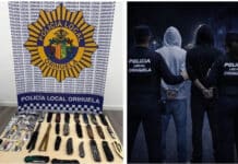 Sicherheitsrazzia am Freitag in Orihuela Costa: Messer, Drogen und mindestens eine Festnahme! Bei der Razzia beschlagnahmten die Behörden mehrere gefährliche Messer, entfernten illegale Drogen, die eine Gefahr für die öffentliche Gesundheit darstellten, und nahmen einen 40-jährigen Mann fest, der im Besitz von Kokain angetroffen wurde.